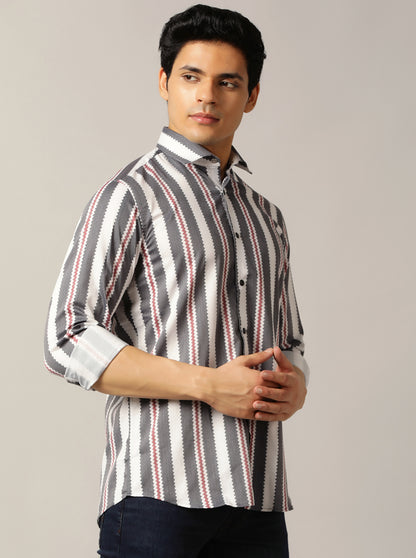 Grey Striped Slim Fit Party Wear Shirt | JB Studio