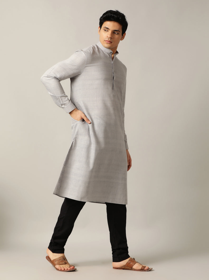Grey Solid Regular Fit Modi Kurta | JadeBlue