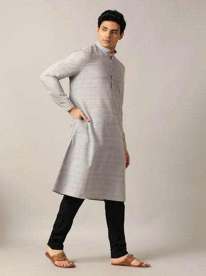 Grey Solid Regular Fit Modi Kurta | JadeBlue