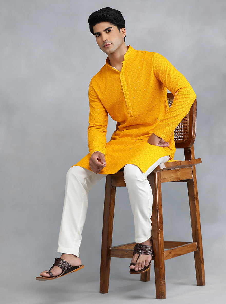 Mustard Bright Yellow Embroidered Kurta | The Kurta Company