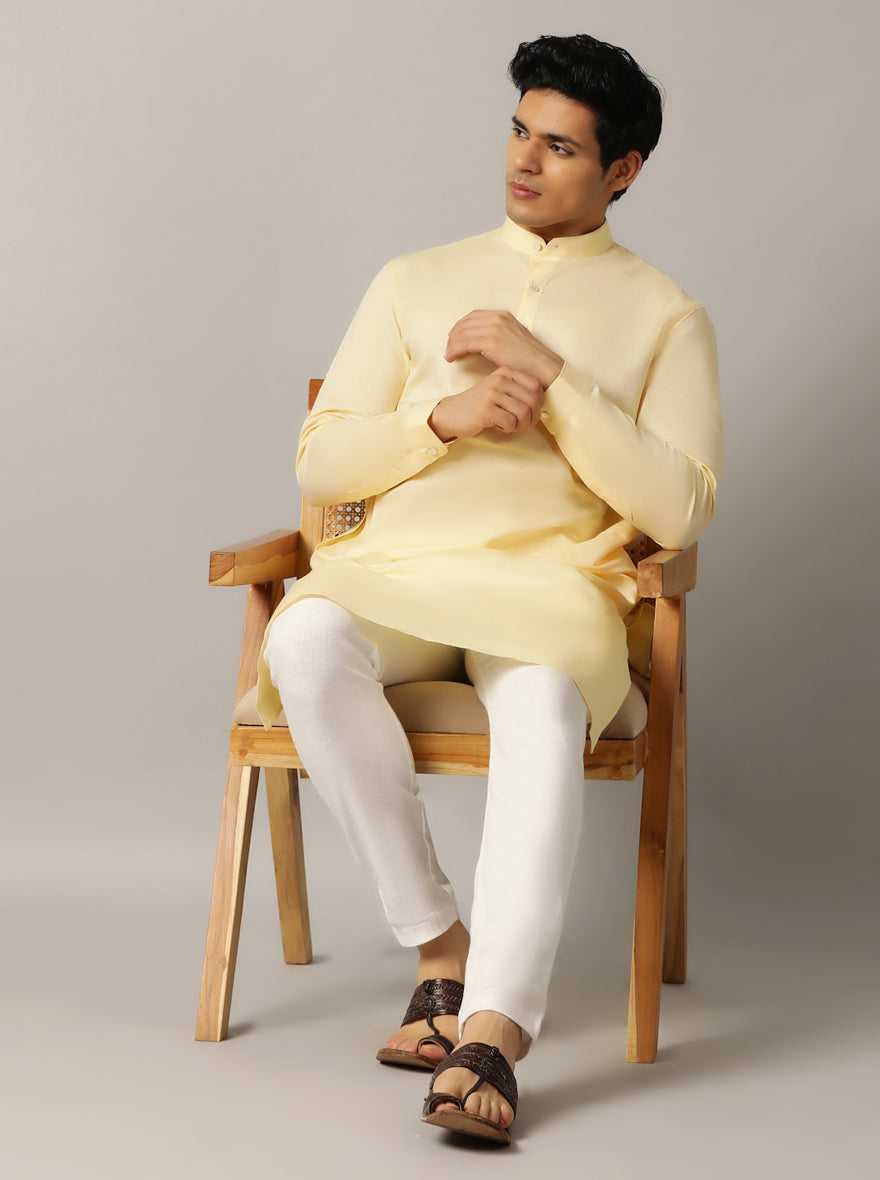 Light Yellow Solid Regular Fit Modi Kurta | JadeBlue