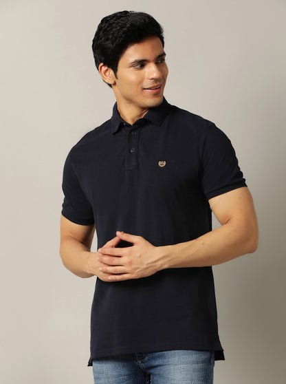 Navy Blue Solid Slim Fit Polo T-Shirt | JadeBlue
