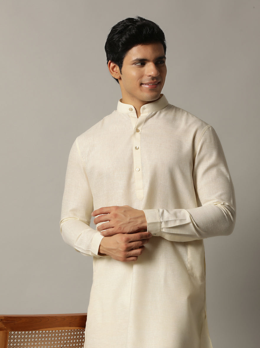 Cream Solid Regular Fit Modi Kurta | JadeBlue