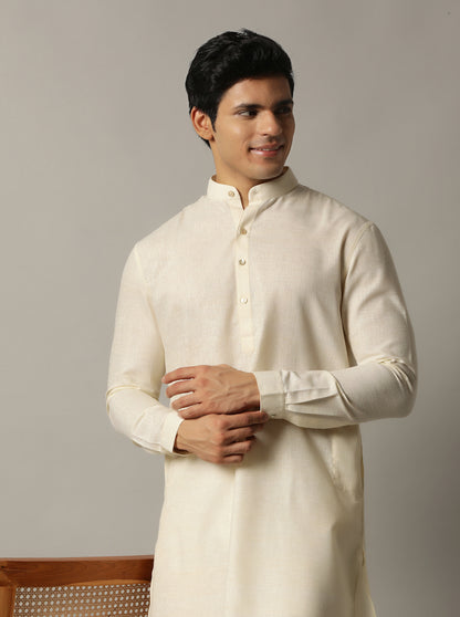 Cream Solid Regular Fit Modi Kurta | JadeBlue