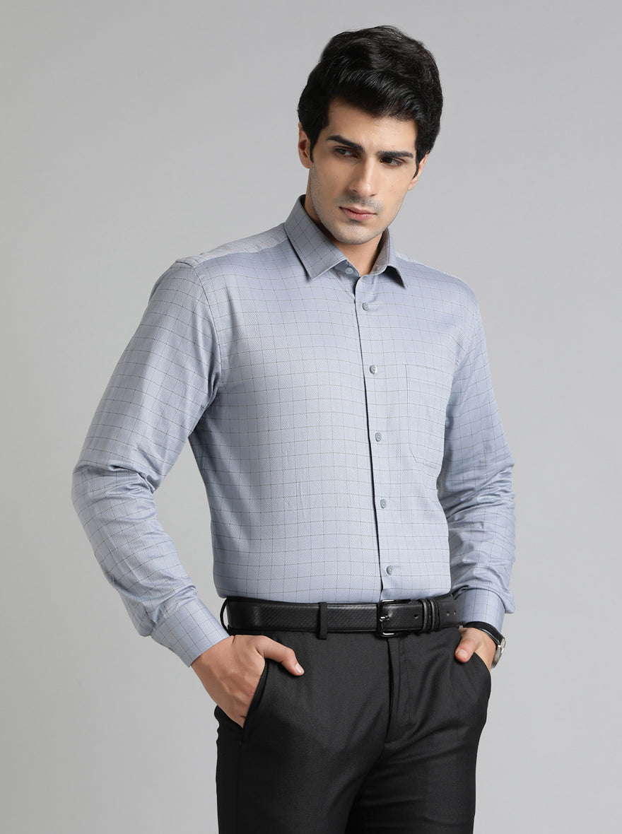 Grey Checked Regular Fit Formal Shirt | JadeBlue