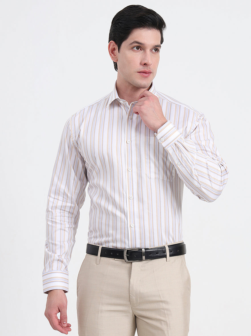 White & Fawn Striped Regular Fit Formal Shirt | JadeBlue