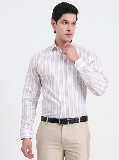 White & Fawn Striped Regular Fit Formal Shirt | JadeBlue