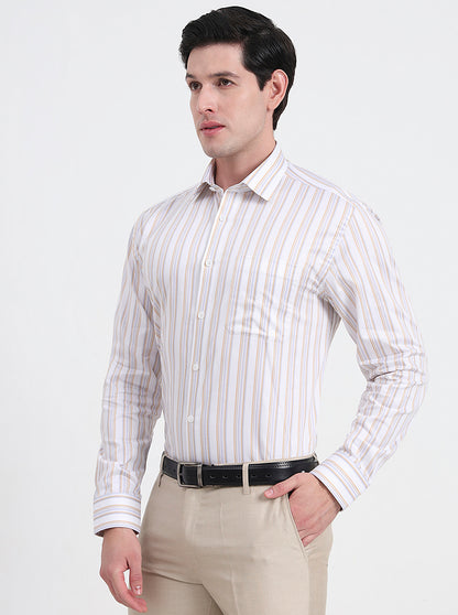 White & Fawn Striped Regular Fit Formal Shirt | JadeBlue
