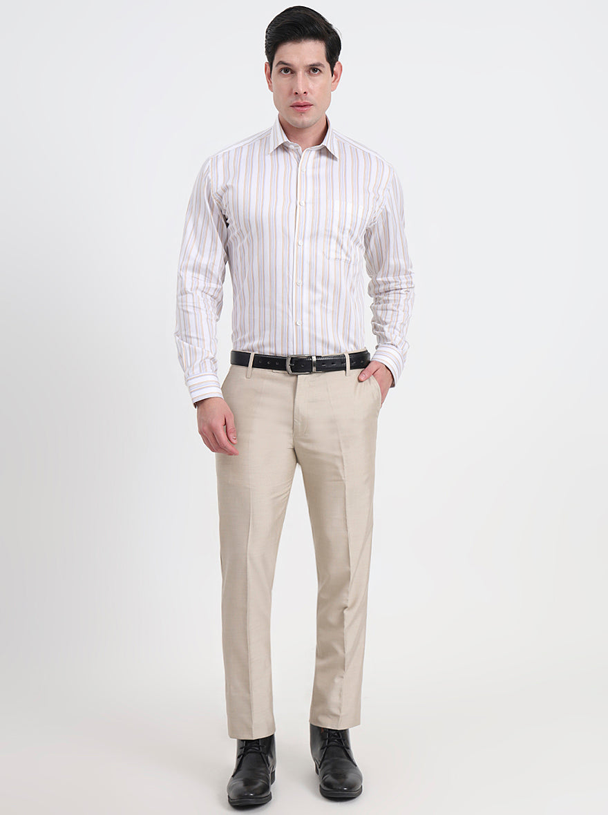 White & Fawn Striped Regular Fit Formal Shirt | JadeBlue