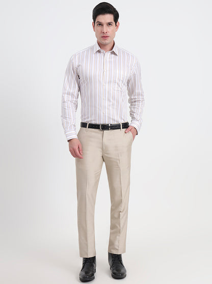 White & Fawn Striped Regular Fit Formal Shirt | JadeBlue