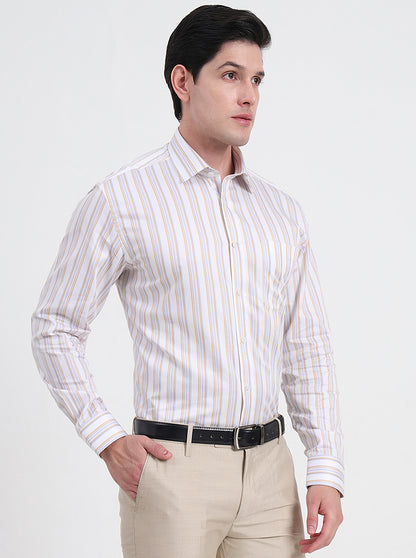 White & Fawn Striped Regular Fit Formal Shirt | JadeBlue
