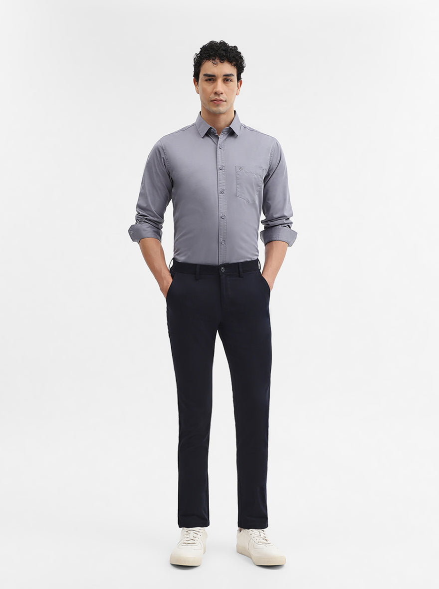 Navy Blue Solid Super Slim Fit Casual Trouser | Greenfibre