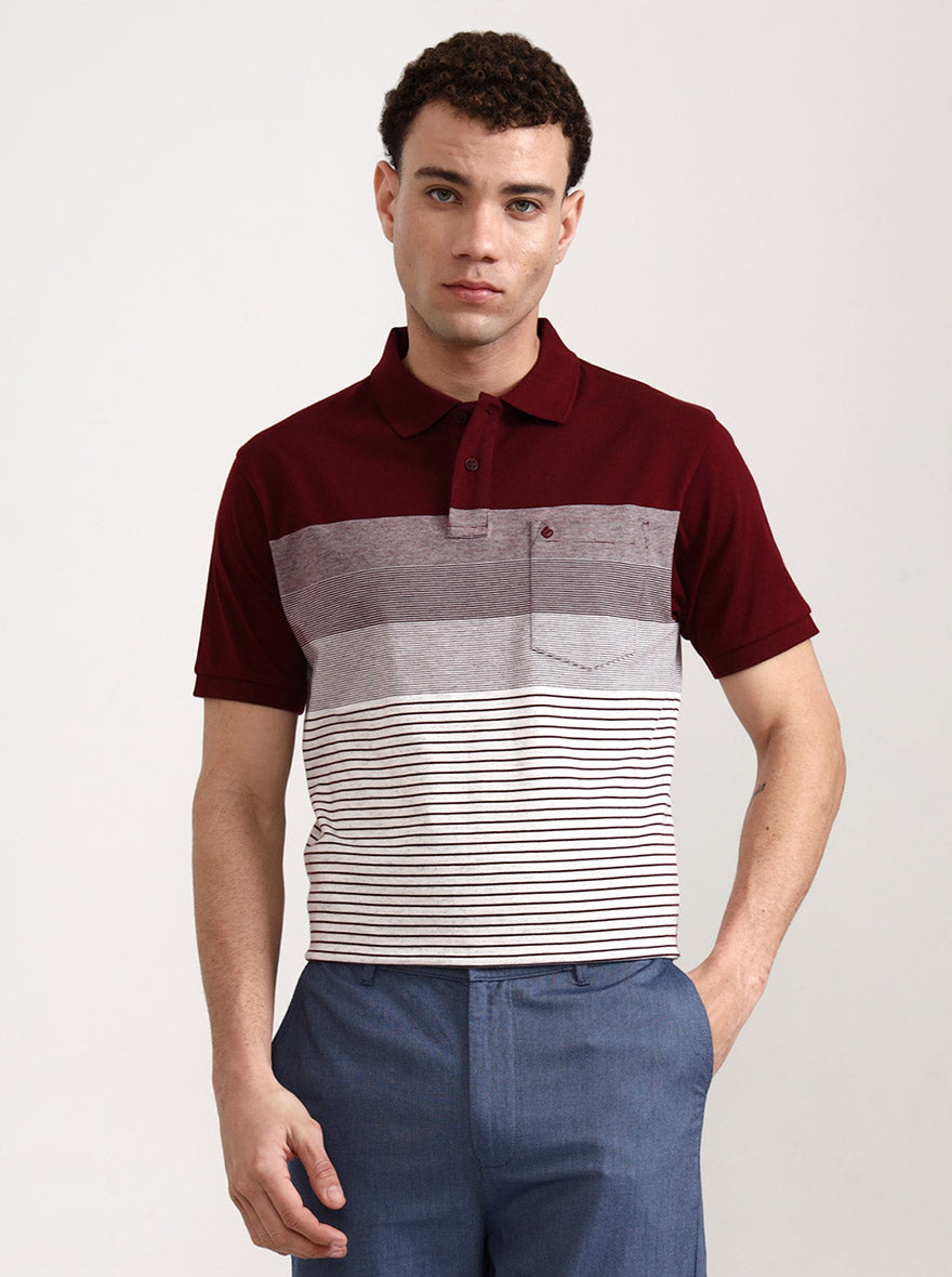 Wine & White Striped Slim Fit Polo T-Shirt | Greenfibre