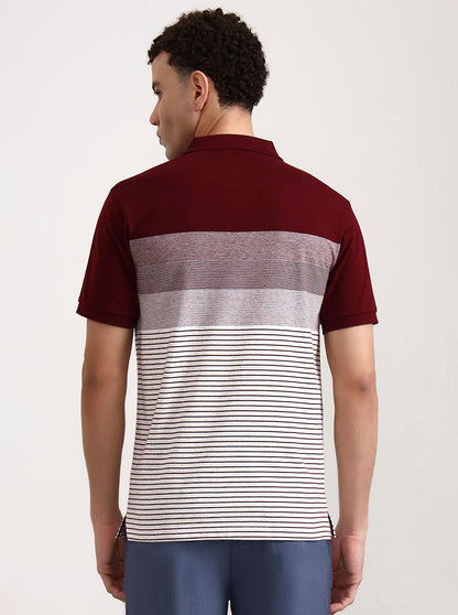 Wine & White Striped Slim Fit Polo T-Shirt | Greenfibre