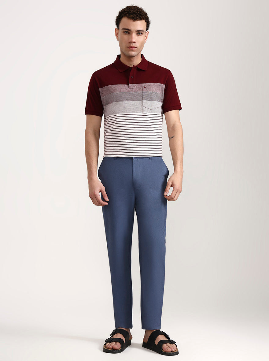 Wine & White Striped Slim Fit Polo T-Shirt | Greenfibre