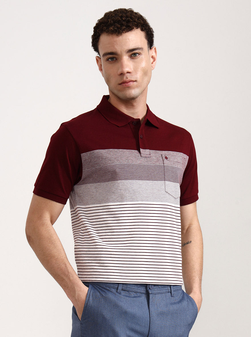 Wine & White Striped Slim Fit Polo T-Shirt | Greenfibre