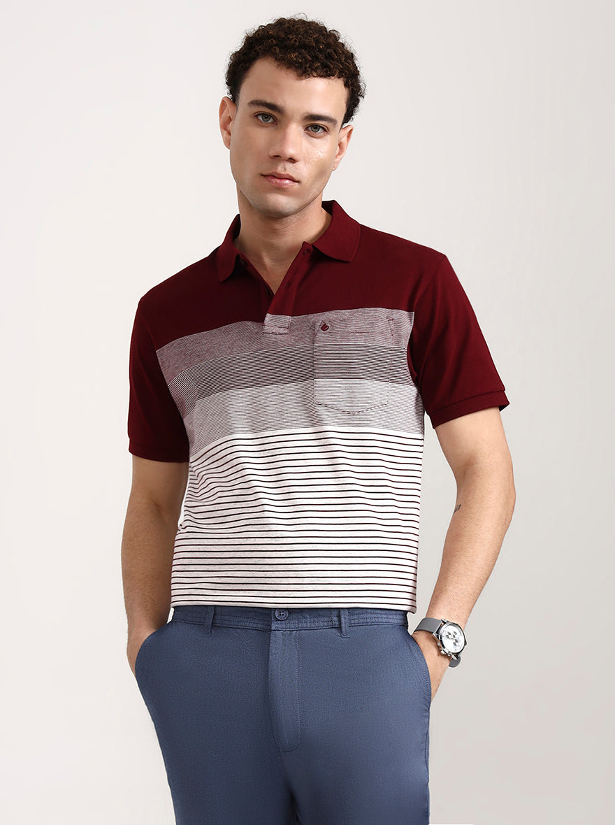 Wine & White Striped Slim Fit Polo T-Shirt | Greenfibre