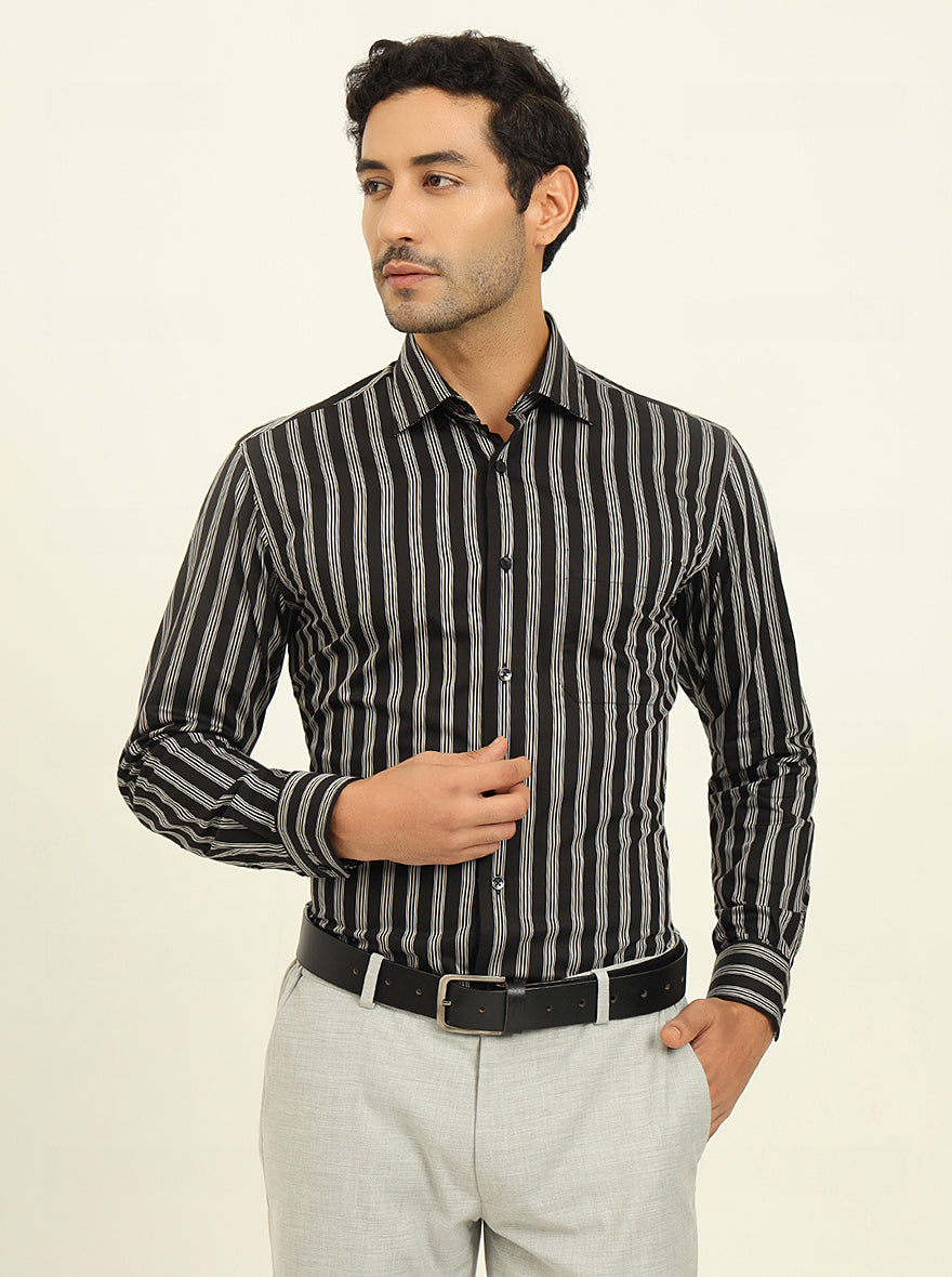 Black & Cream Striped Slim Fit Formal Shirt | Metal