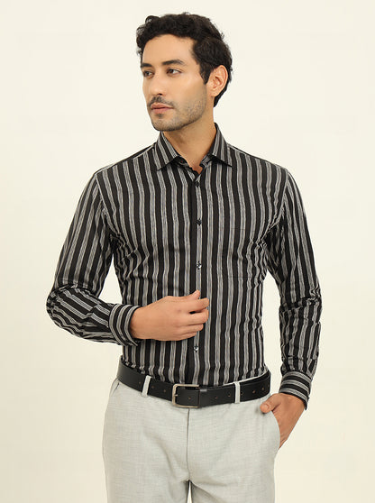 Black & Cream Striped Slim Fit Formal Shirt | Metal