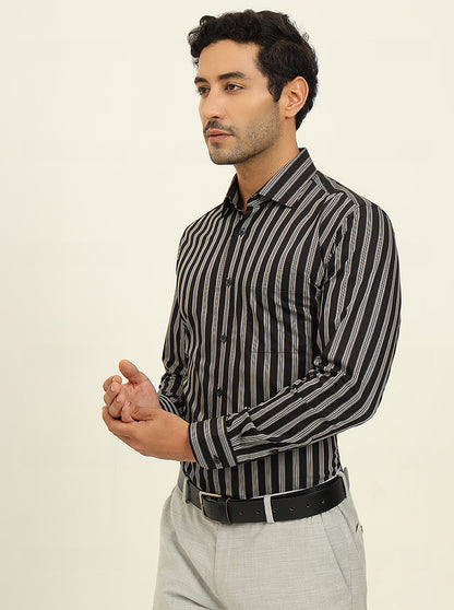 Black & Cream Striped Slim Fit Formal Shirt | Metal