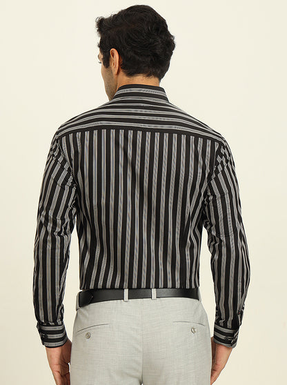 Black & Cream Striped Slim Fit Formal Shirt | Metal