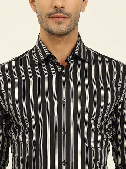Black & Cream Striped Slim Fit Formal Shirt | Metal