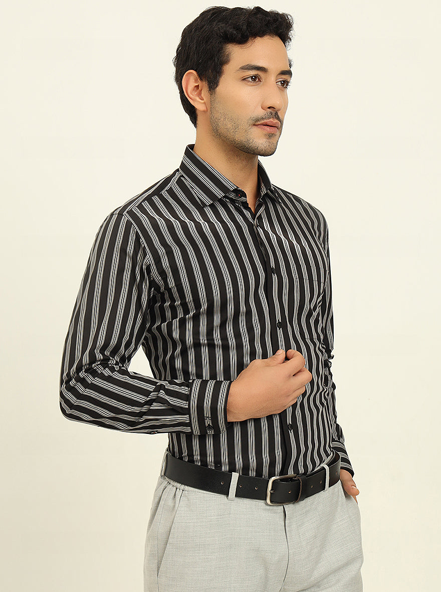 Black & Cream Striped Slim Fit Formal Shirt | Metal