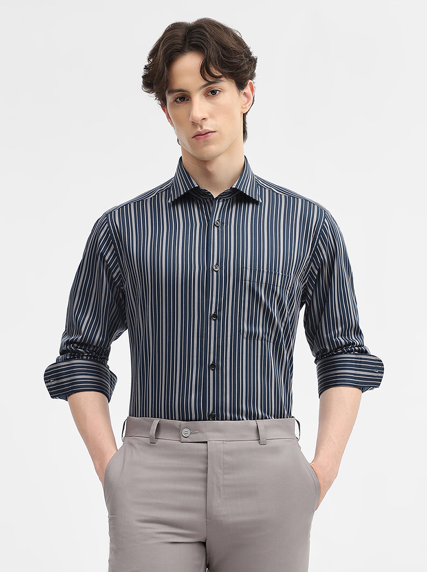 Navy Blue & Grey Striped Slim Fit Formal Shirt | Metal