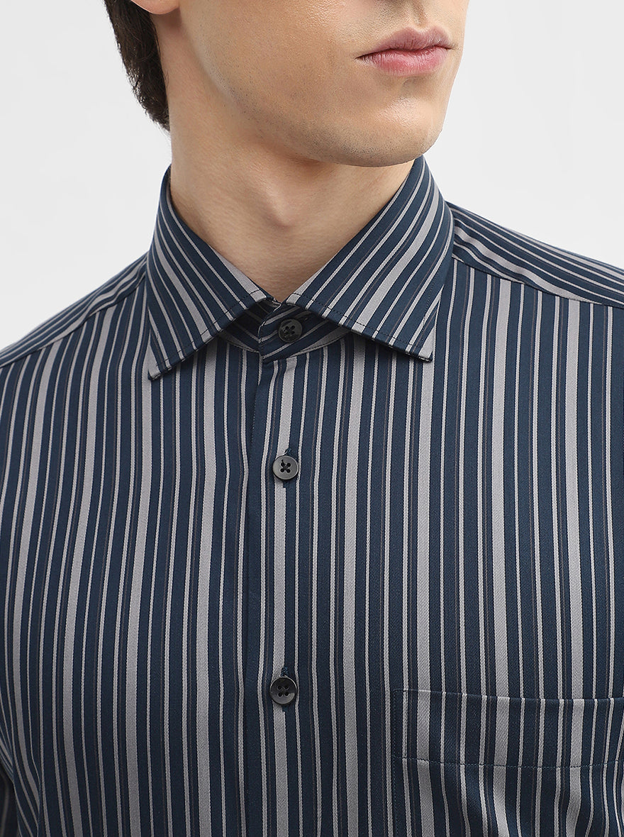 Navy Blue & Grey Striped Slim Fit Formal Shirt | Metal