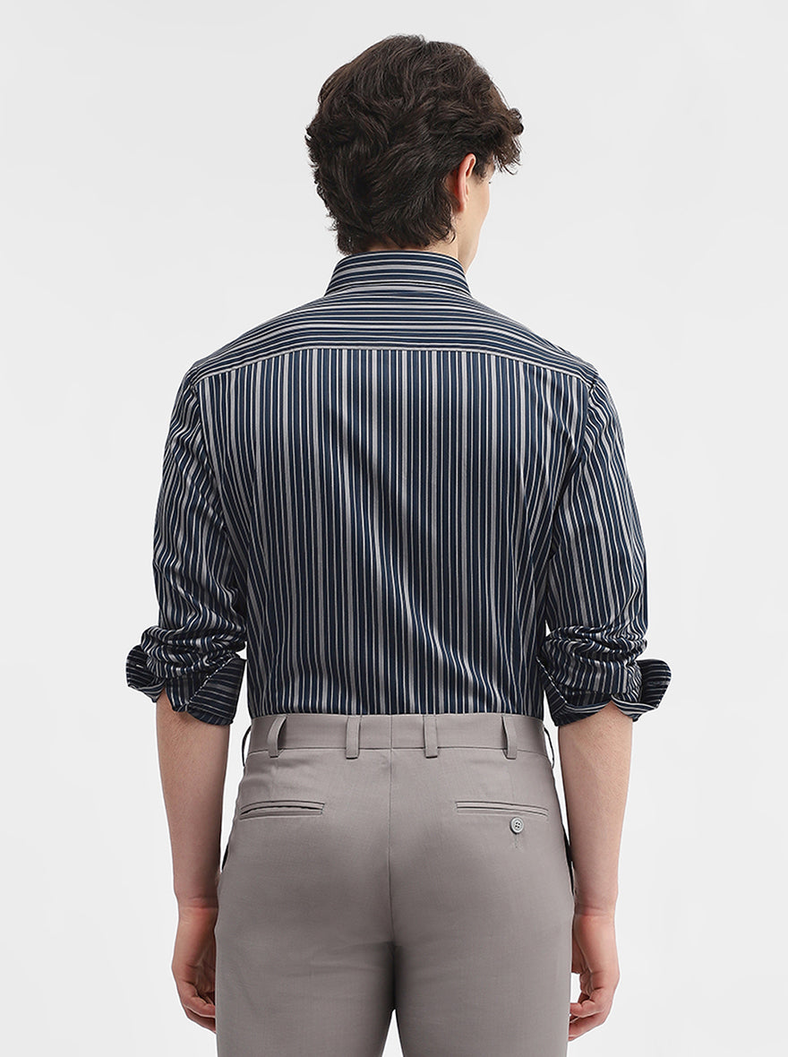 Navy Blue & Grey Striped Slim Fit Formal Shirt | Metal