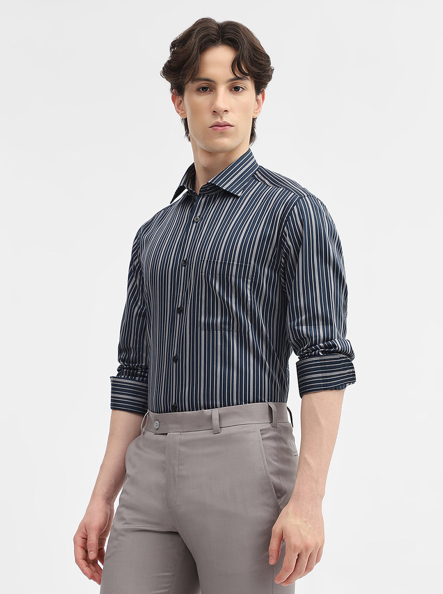 Navy Blue & Grey Striped Slim Fit Formal Shirt | Metal