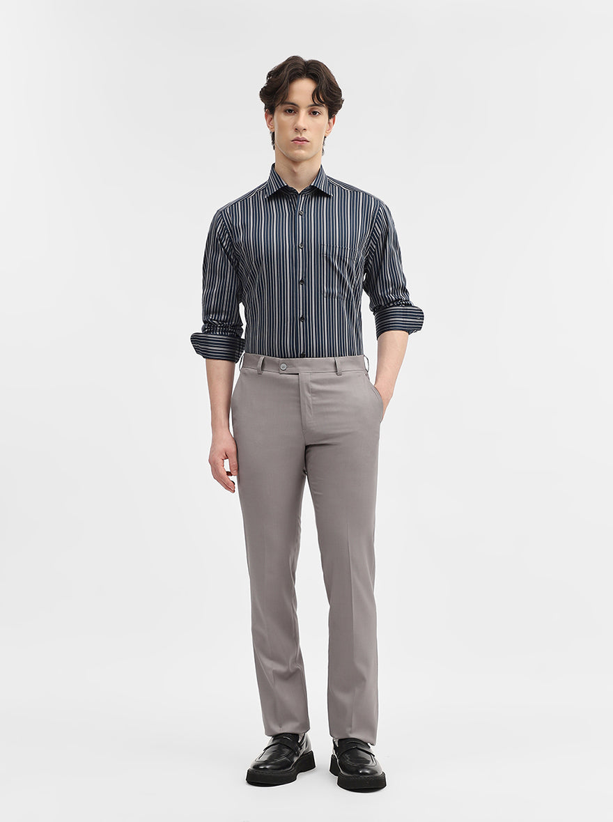 Navy Blue & Grey Striped Slim Fit Formal Shirt | Metal
