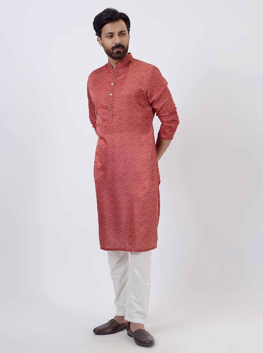 Red Bandhani Printed Kurta | The Kurta Company