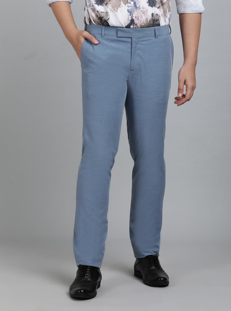 Blue Solid Slim Fit Formal Trouser | Metal