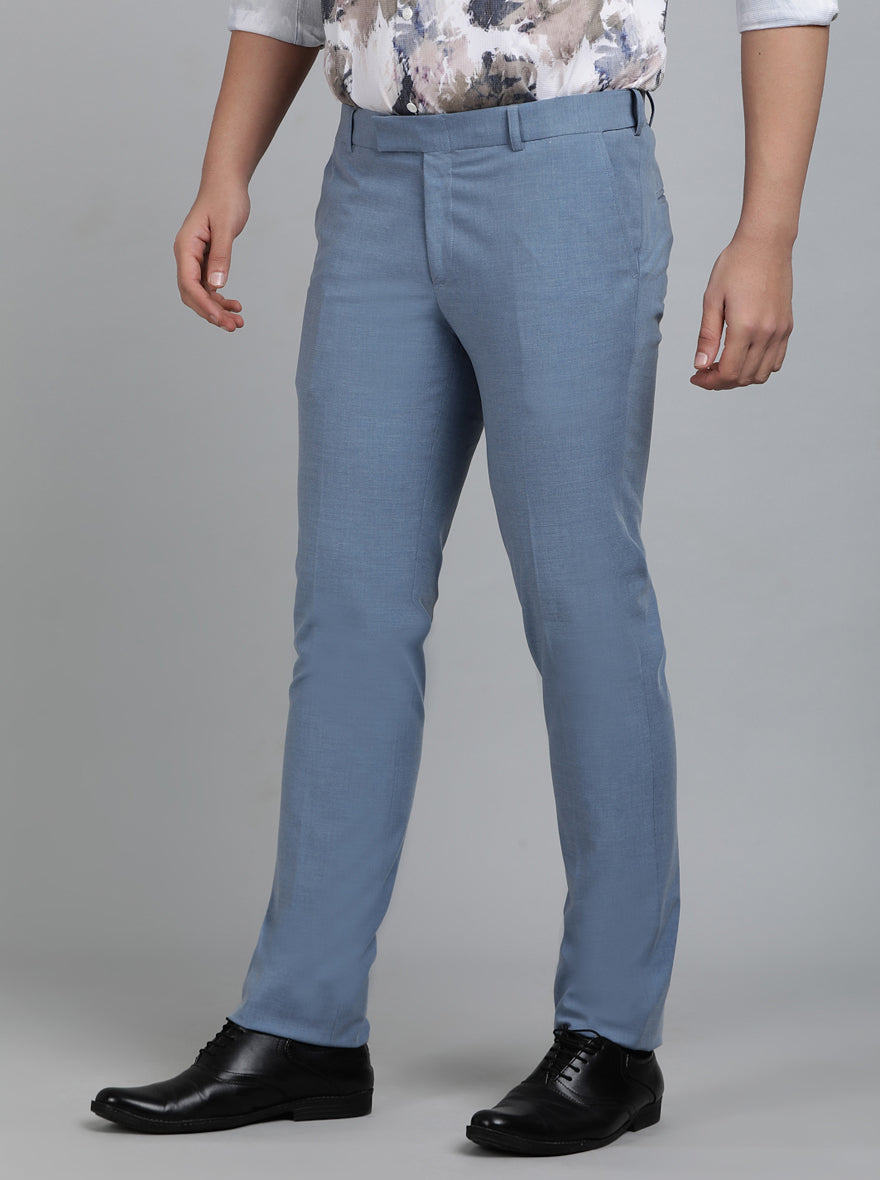 Blue Solid Slim Fit Formal Trouser | Metal