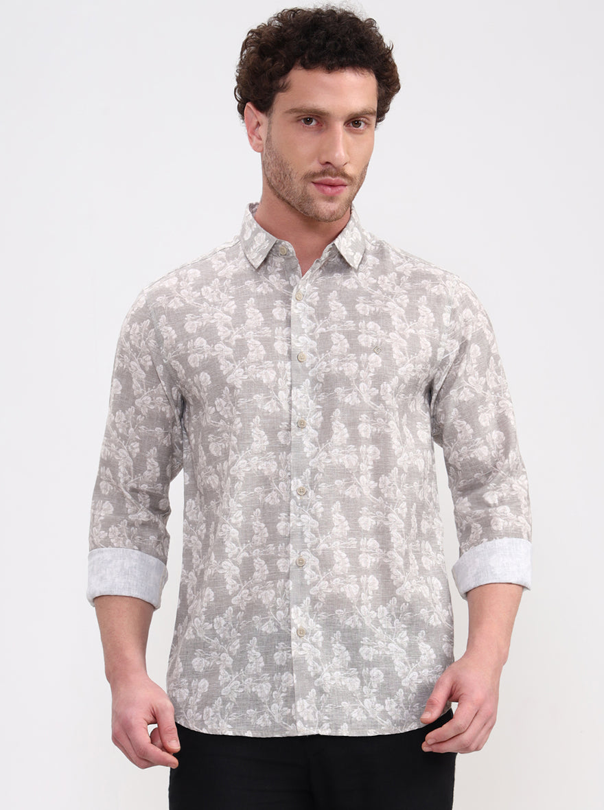 Beige & Green Printed Slim Fit Casual Shirt | Greenfibre