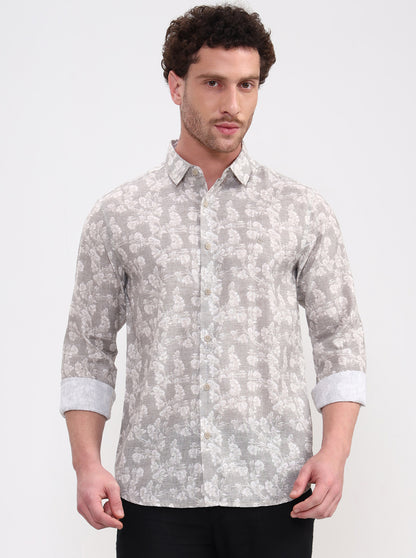 Beige & Green Printed Slim Fit Casual Shirt | Greenfibre