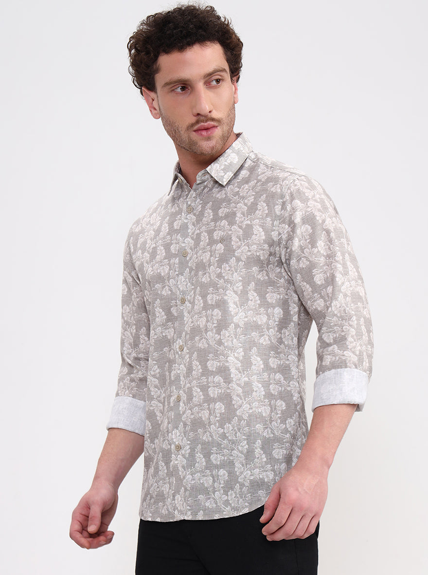 Beige & Green Printed Slim Fit Casual Shirt | Greenfibre