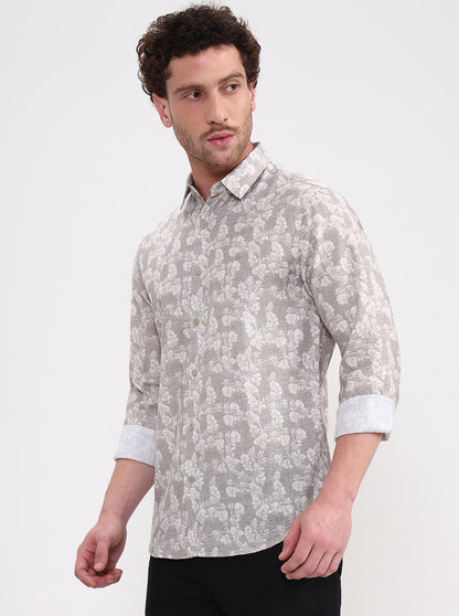 Beige & Green Printed Slim Fit Casual Shirt | Greenfibre