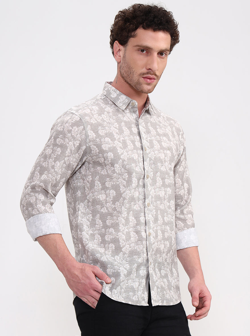 Beige & Green Printed Slim Fit Casual Shirt | Greenfibre