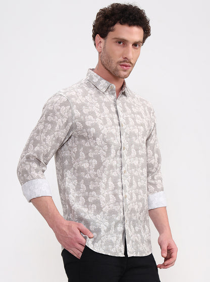 Beige & Green Printed Slim Fit Casual Shirt | Greenfibre