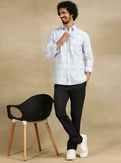 Sky Blue Checked Slim Fit Casual Shirt | JadeBlue