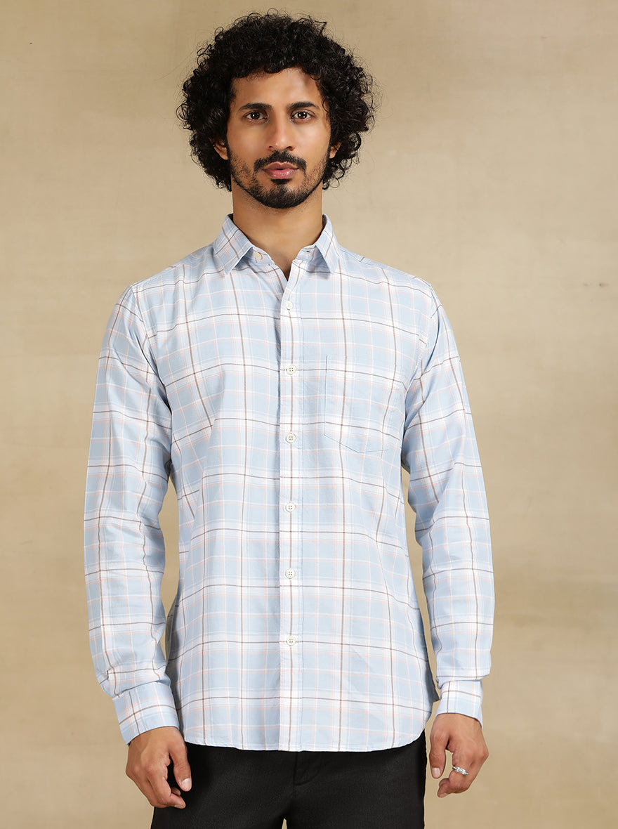 Sky Blue Checked Slim Fit Casual Shirt | JadeBlue