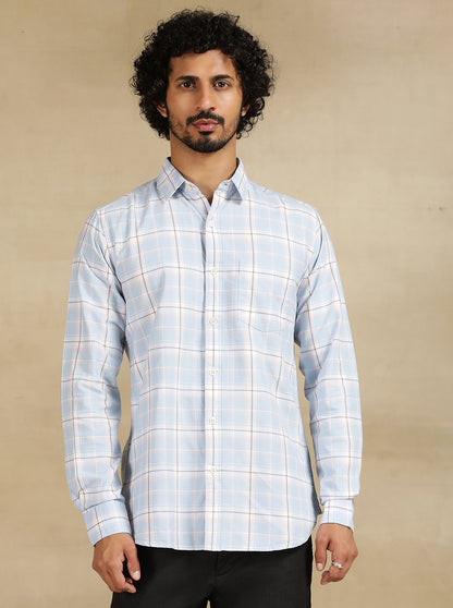 Sky Blue Checked Slim Fit Casual Shirt | JadeBlue