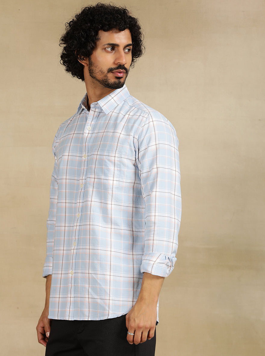 Sky Blue Checked Slim Fit Casual Shirt | JadeBlue
