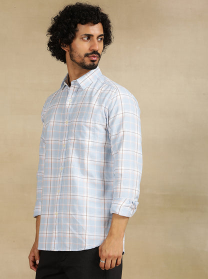 Sky Blue Checked Slim Fit Casual Shirt | JadeBlue