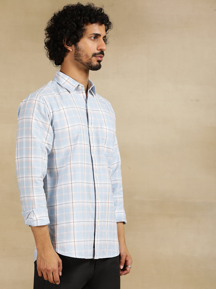 Sky Blue Checked Slim Fit Casual Shirt | JadeBlue