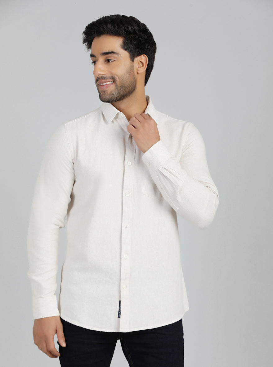 Cream Solid Slim Fit Casual Shirt | JadeBlue