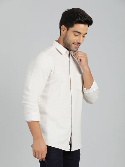 Cream Solid Slim Fit Casual Shirt | JadeBlue