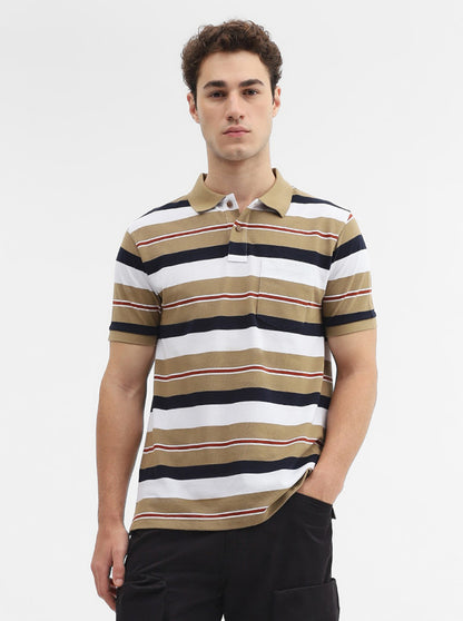 Khaki & White Striped Slim Fit Polo T-Shirt | Greenfibre